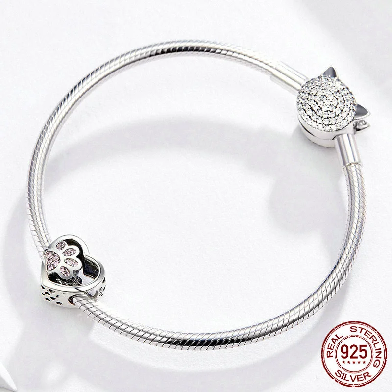 Starland Cat Love Heart-shape Charm 925 Sterling Silver Paw Footprints Heart Charms for Bangle Bracelet Fine Jewelry