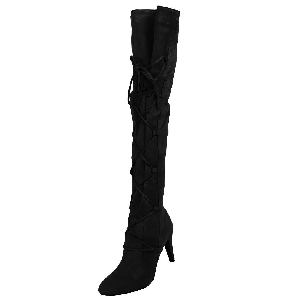 Черный Обувь; Модные женские ботинки; zapatos de mujer; женские зимние сапоги до колена с острым носком, со складками, из флока, на тонком каблуке, с перекрестной шнуровкой - Цвет: Черный
