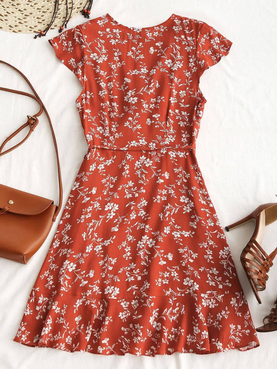 ZAFUL Платье с оборками цветочным принтом Женщины Boho Летнее платье V образным
