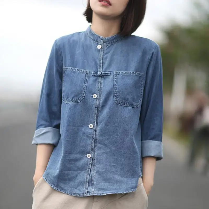 

Johnature Women Blouses Vintage Button Full Sleeve Stand Collar Solid Color Casual Women Clothes 2019 New Autumn Ladies Tops