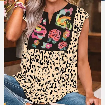 

Plus Size 5XL Leopard Floral Women's Blouses V-neck Sleeveless Printed Casual Blouse Female 2020 Summer Patchwork Lady Clothes