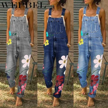 

WEPBEL High Waist Jeans Women Plus Size Overalls Floral Printing Denim Trousers Loose Fashion Pants Streetwear