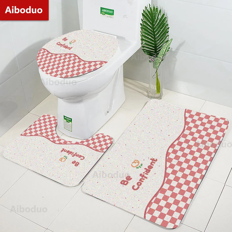 

Aiboduo 50*80/40*60cm INS style NonSlip 3pcs/set Toilet Lid Cover Set Home Decoration Red Plaid BathMat Cute Carpet Restroom Rug