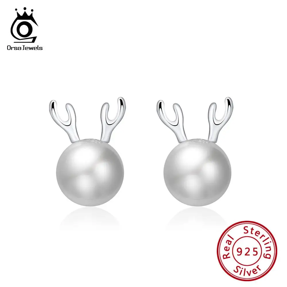 

ORSA JEWELS Genuine 925 Sterling Silver Antler Simulated Pearl Stud Earrings Perfect Polished Lightweight Earrings Jewelry SE165