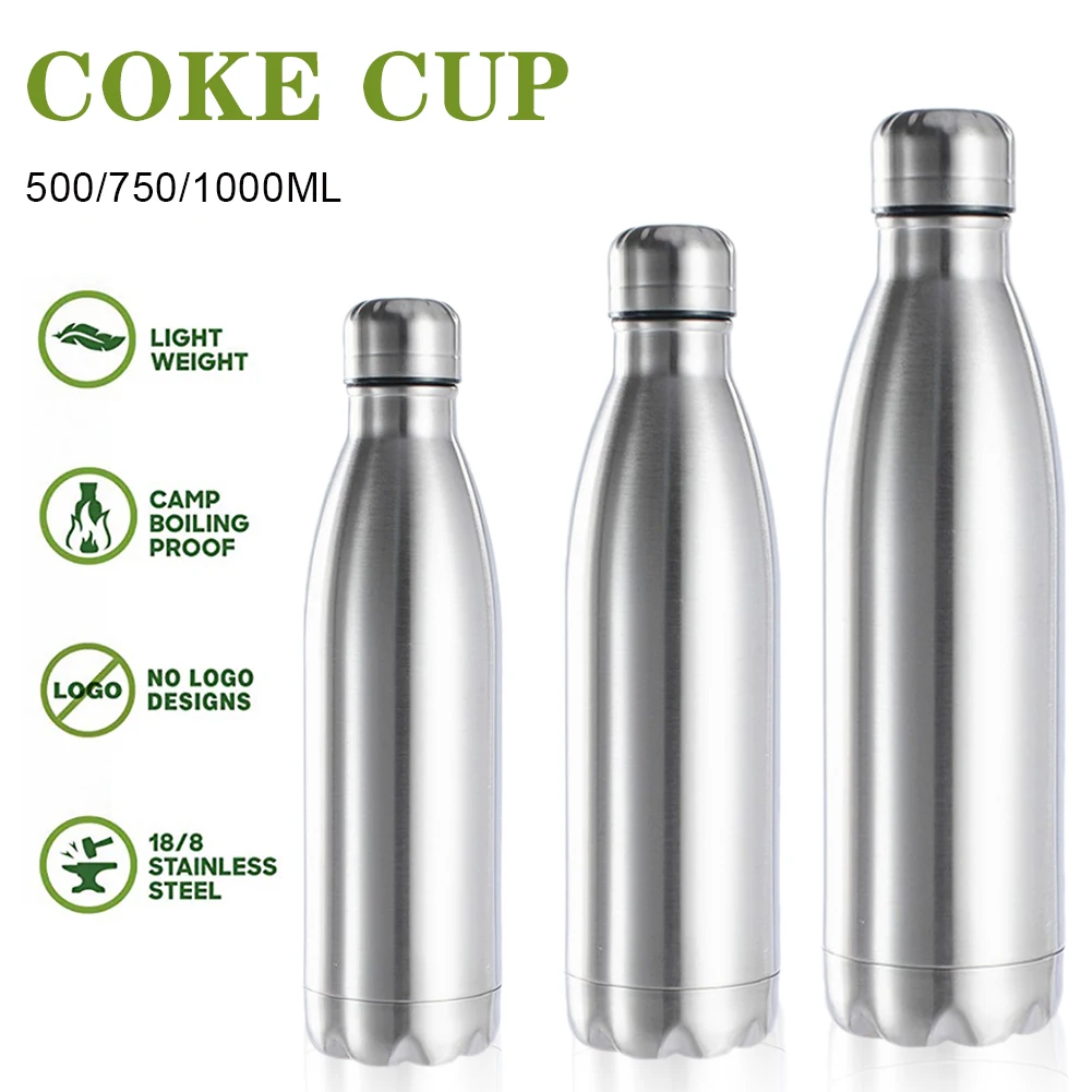 500/750/1000ml Portable Outdoor Water Bottle Food Grade Stainless Steel Single Wall Leakproof Vacuum Cup Hot Cold Water Bottle