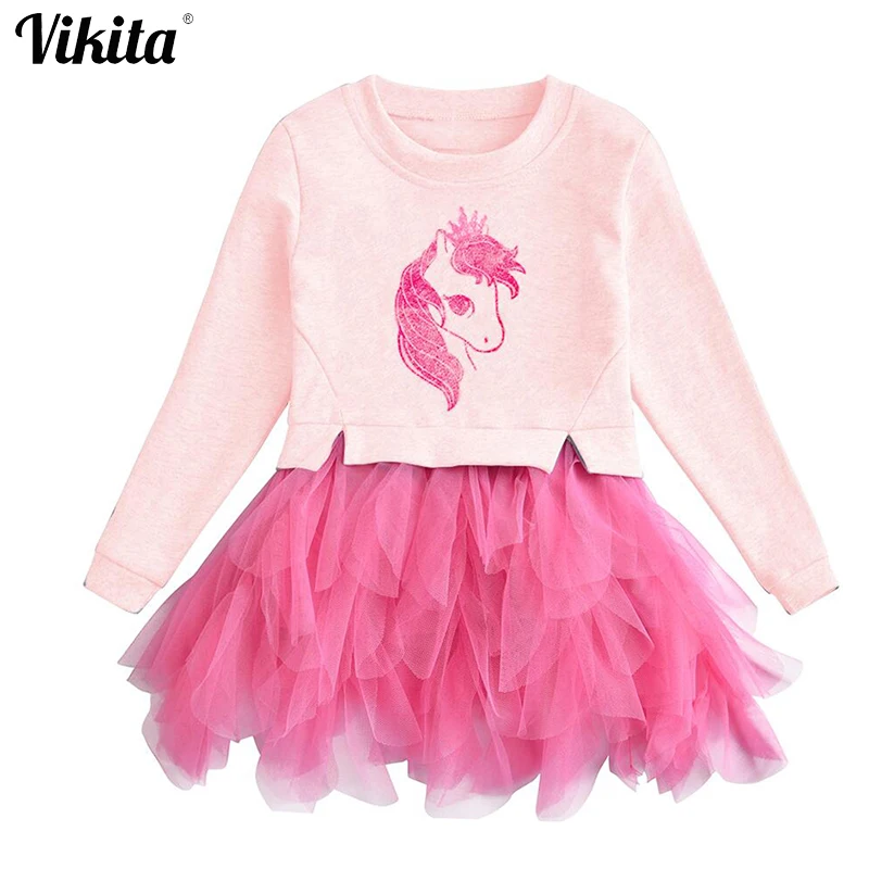 VIKITA/платье в стиле пэчворк с длинными рукавами для девочек; платье принцессы с блестками для девочек; осеннее детское Тюлевое праздничное платье с единорогом для детей