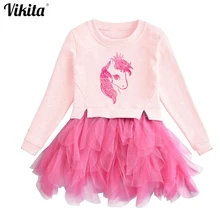 VIKITA/платье в стиле пэчворк с длинными рукавами для девочек; платье принцессы с блестками для девочек; осеннее детское Тюлевое праздничное платье с единорогом для детей