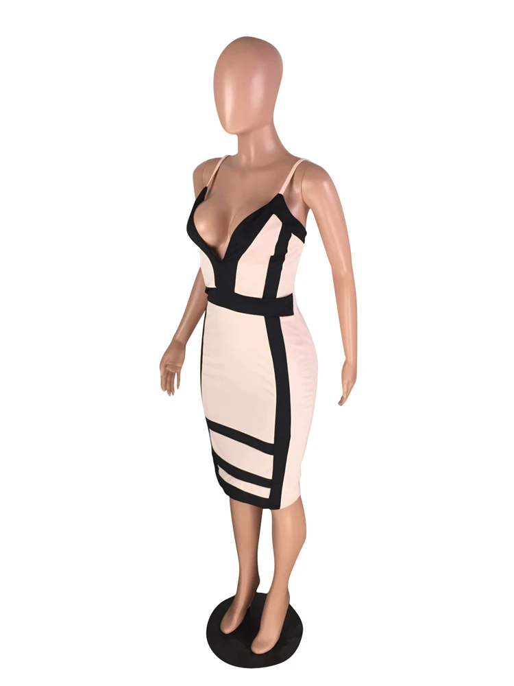 HOT sale sexy V-neck knee-length striped beige dress for women VYN8099