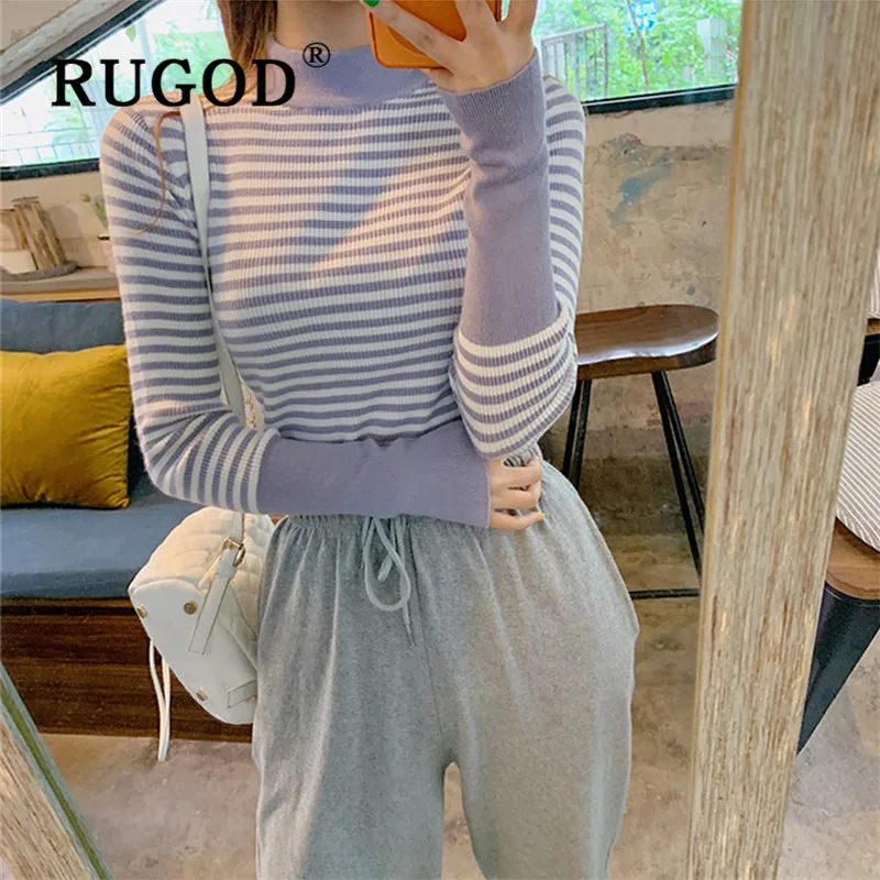 RUGOD, корейский стиль, стиль, водолазка, в полоску, вязаный свитер, элегантный, милый, пуловер, облегающий, Зимние Топы для женщин, Kpop одежда