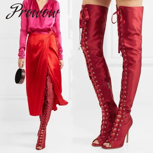 

Prowow New Satin Over The Knee HIgh Thigh High Boots Open Toe Lace Up Thin HIgh Heel Autumn Boots Shoes Women