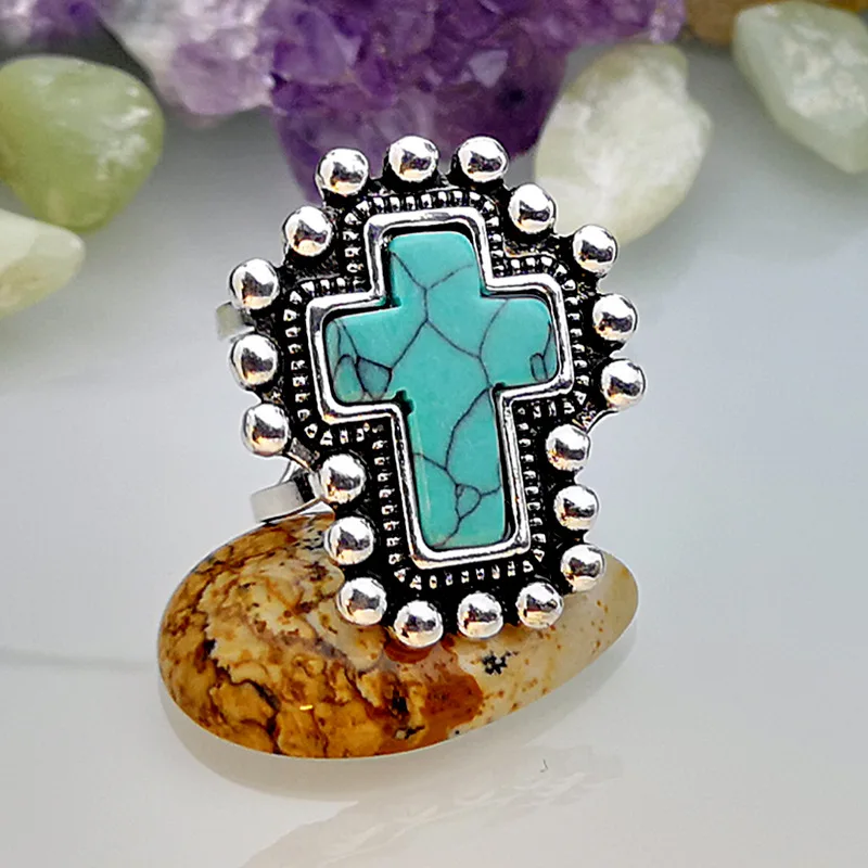 Винтаж в форме Креста Бирюзовый Камень Регулируемый открыто кольцо для Для женщин подарок bague anillos вечерние ювелирные изделия Z4D351
