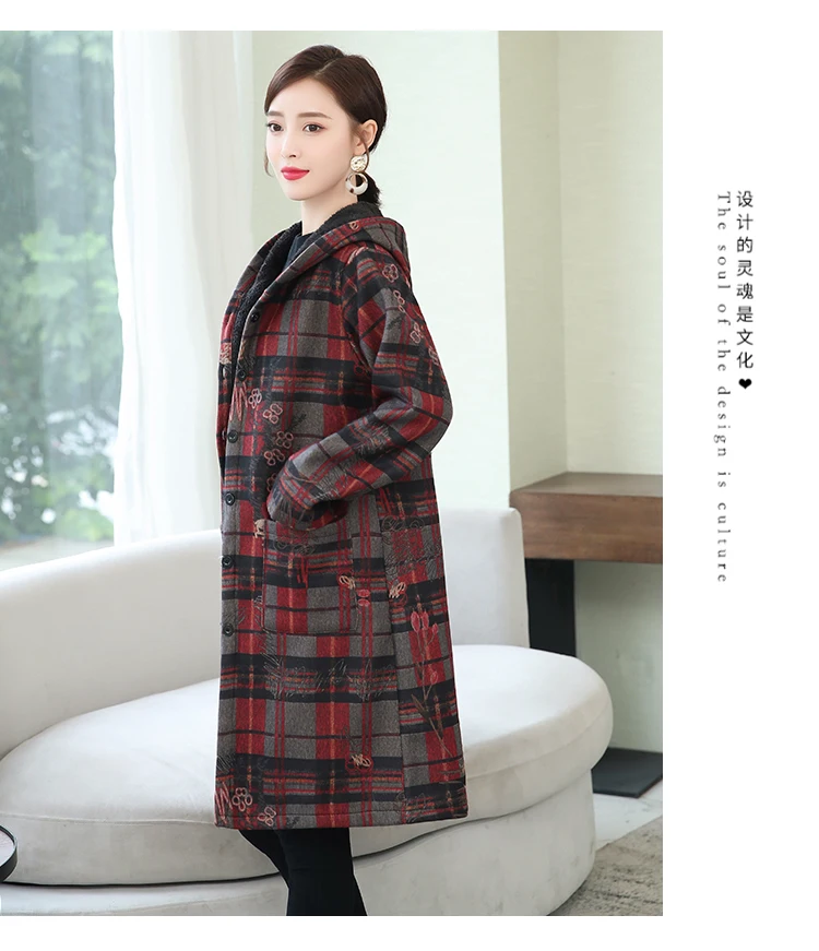 Осенне-зимняя новая свободная куртка больших размеров, платье для мамы, клетчатое пальто, ретро принт, плюс бархат, теплая Длинная шерстяная ветровка для женщин