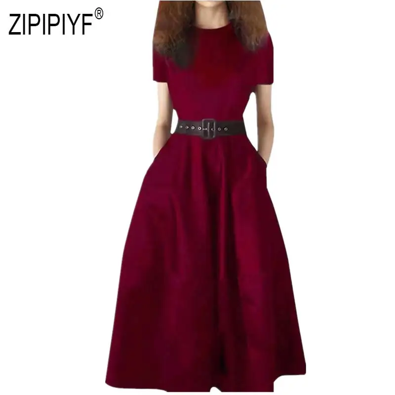Noble Fashion Women Dresses O Neck Ball Gown Mid Waist Pockets Long Dresses Solid Color Street Casual Office Lady Dresses Z2703 - Цвет: Red