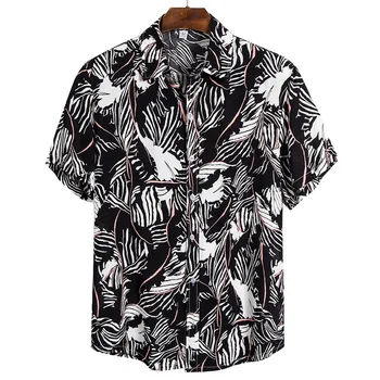 

Summer Man Shirt Mens Ethnic Printed Stand Collar Cotton Linen Stripe Short Sleeve Loose Hawaiian Henley Shirt hawaiian shirt