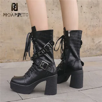 

Prova Perfetto Genuine Leather Short Boots Square Toe Chunky Heel Lace-Up Belt Buckle Boots 2020 New Thick Bottom Bota Feminina