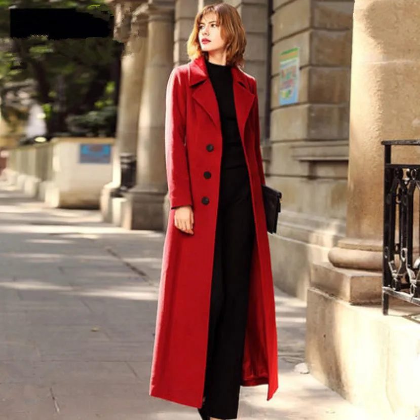 Зимнее Элегантное Длинное однобортное пальто шерстяное пальто с отворотом на талии шерстяное пальто - Цвет: red