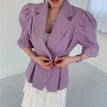 

2020 New Arrivals Women Summer Short Jacket Korean Chic Candy Color Puff Sleeve Slim Waist Coat Office Lady Tunic