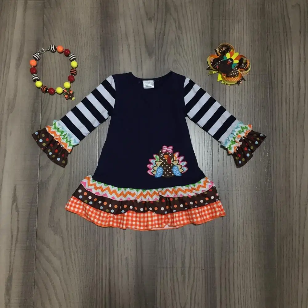 Новинка; осенне-зимняя детская одежда для маленьких девочек на День Благодарения; темно-синее Хлопковое платье с оборками в стиле индейки; эксклюзивные аксессуары с длинными рукавами