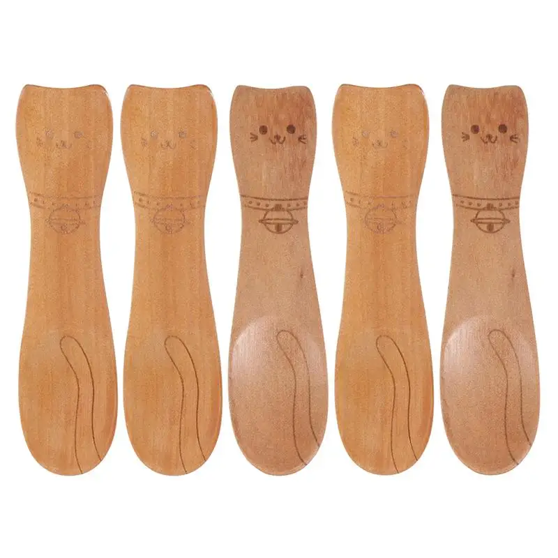 5Pcs Eco-friendly Wooden Spoons Hand Carved Cute Cartoon Animal Pattern Kids Spoon Baby Food Dessert Serving Spoons(Cat