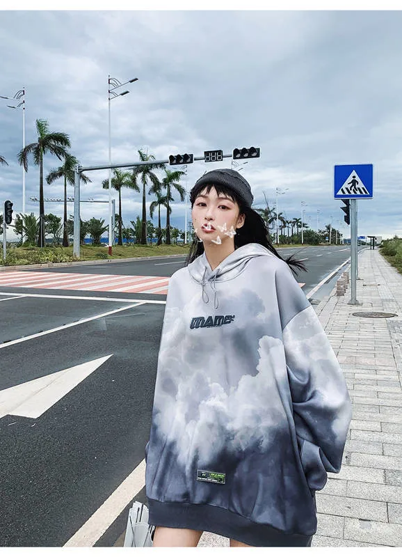 High Street японский стиль Мода облака стиль свободные Kawaii толстовки для мужчин Топ Дамы повседневное печатных с длинным рукавом Серый пара