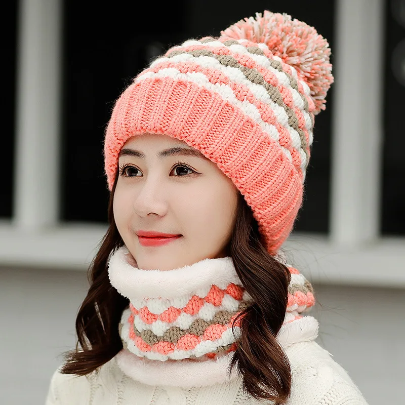 Зимний шарф снуд 2 шт. женские плотные теплые вязаные бархатные облегающие шапки