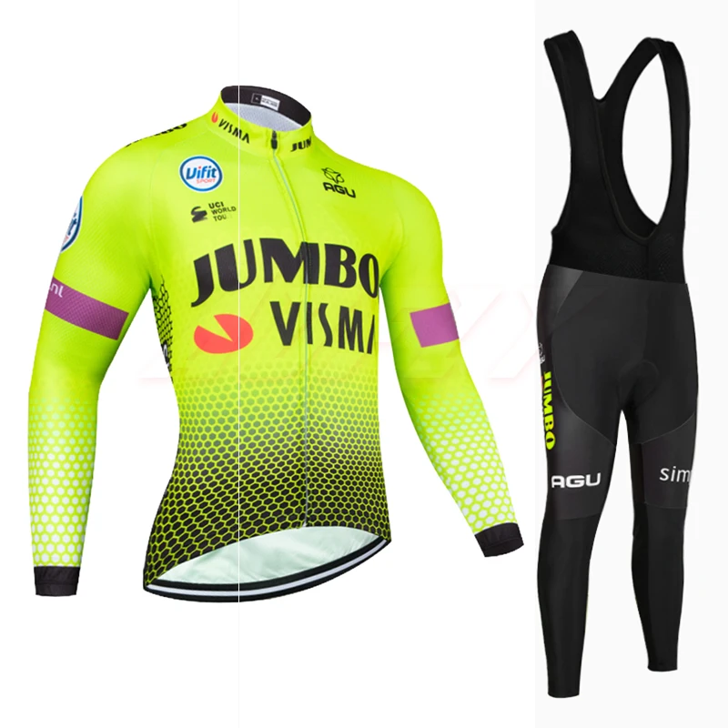 long bib sets2 Флуоресцентный зеленый JUMBO VISMA мужские и женские велосипедные Джерси Длинные комплекты Зимние флисовые теплые MTB Ropa Ciclismo комбинезон - Цвет: long bib sets2