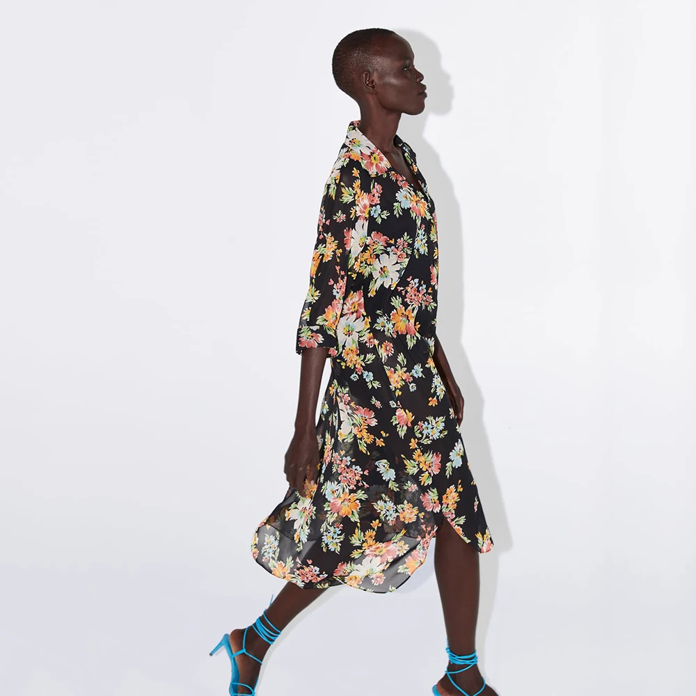 Stylish Chic ZA Printing Fall Dresses for Women A-Line Style Turn-Down Collor Casual Asymmetrical Hem Elegant Dress