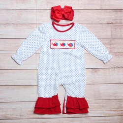 Vêtements d'automne pour filles, barboteuse blanche à manches longues, trois hélicoptères, motif brodé, imprimé de points bleus, pour bébés 