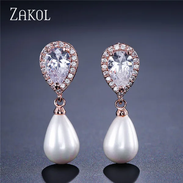 Rose Gold Color Модные женские вечерние серьги-капли в овальной форме с искусственным жемчугом и кубическим цирконием ZAKOL белого цвета FSEP516 - Окраска металла: Rose Gold Color