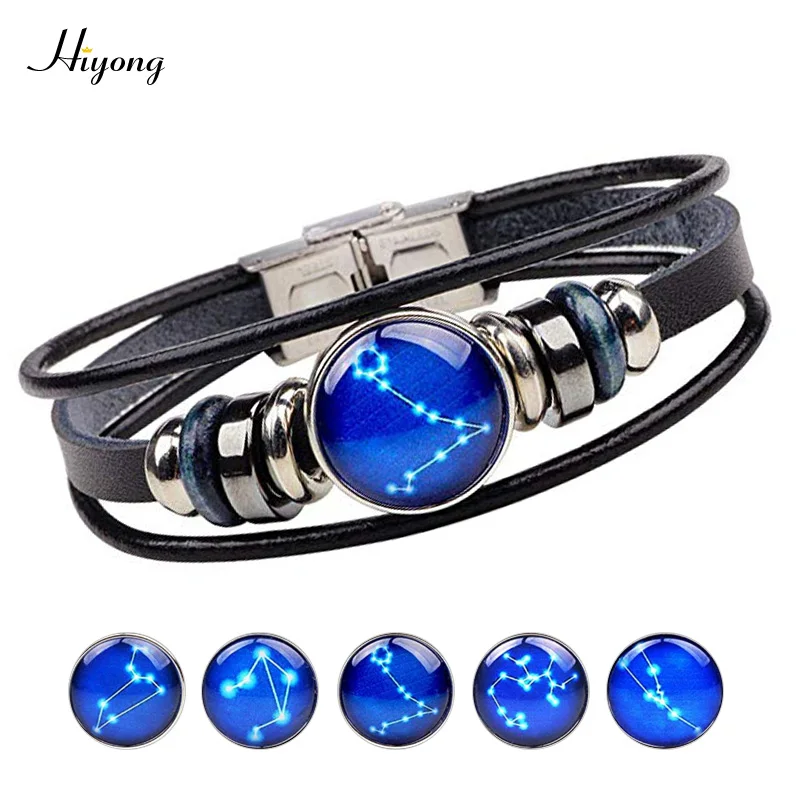 2019 модный браслет с 12 созвездиями зодиака черный кожаный для мужчин и женщин