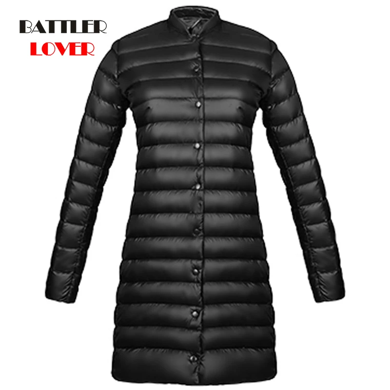 Winter Long Ultra Light Down Coat Women White Duck Down Jacket Spring Vintage Slim Thin Casual Button Stand Collar Autumn Coat