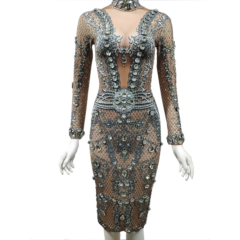 Блестящее Серебряное платье с длинными рукавами и кристаллами, женские вечерние платья для дня рождения, сексуальные Клубные наряды, костюм певицы для сцены