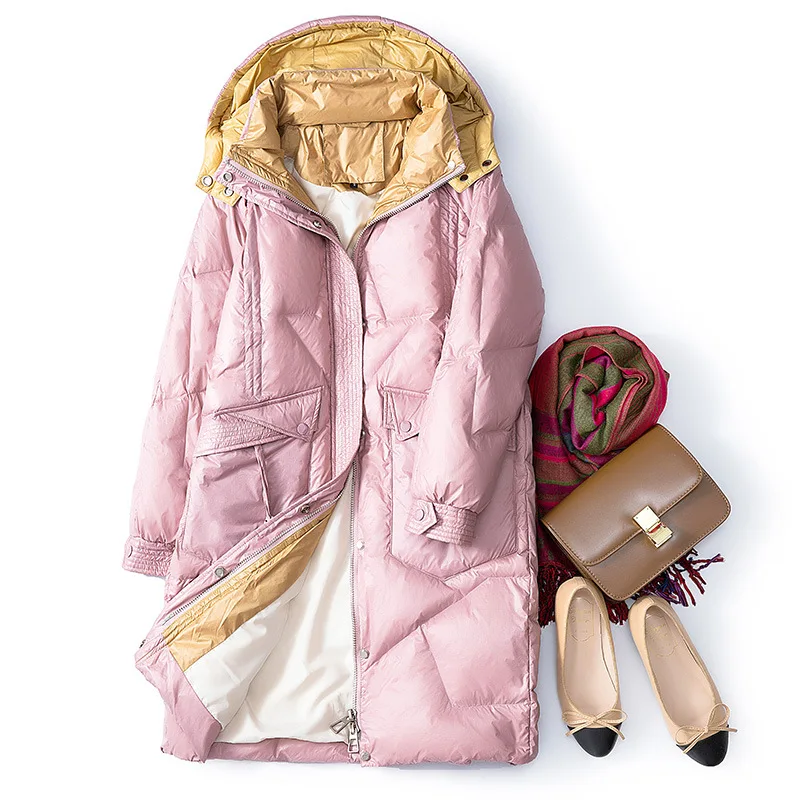 SINGRAIN, зимний длинный пуховик с капюшоном, женская теплая верхняя одежда на утином пуху, верхняя одежда, повседневная Уличная одежда, Дамское милое пуховое пальто - Цвет: pink