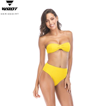 

WERIDEDIRT 2020 Women's Swimsuit Sexy Solid Color Bra Bow High Waist Bikini Thickened Bra Underpants Split Swimsuit Bikini Women