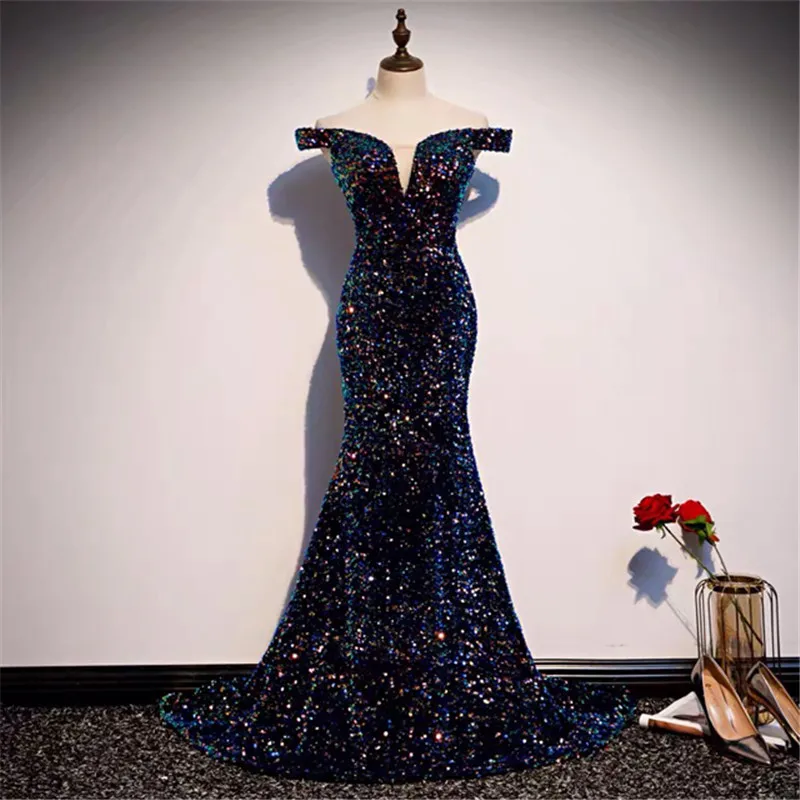 

Off Shoulder Short Sleeves Mermaid Bling Bling Prom Dress 2021 Custom Spring Trumpet Long Women Evening Party Gowns Slim Fitted