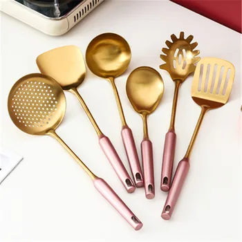 

7PCS pink gold Kitchen household 304 stainless steel kitchen utensils set cooking spoon shovel kitchen utensils wholesale