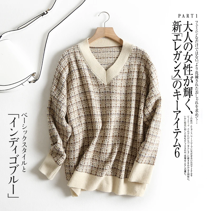 

Knitted Sweater Women Jumper Winter 2019 New Fashion v-neck plaid printed Casual Thick Pullover Fashion oversize chic knit top