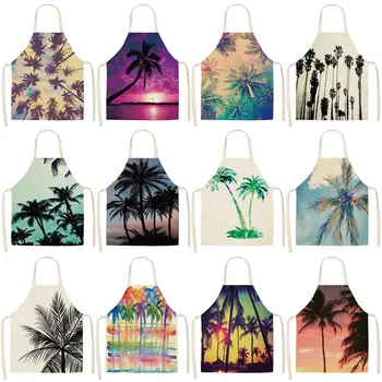 

1Pcs Coconut Tree Plant Printed Cotton Linen Apron Bibs for Women Barbecue Cooking Baking Kitchen Cleaning Aprons 53*65cm WQ0012