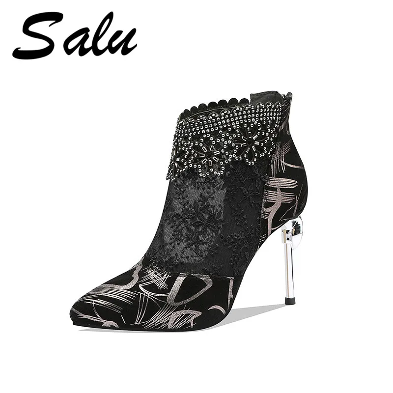 

Salu Boots Women Elegant Silk Thin High Heels Party Wedding Shoes Woman Sexy Pointed Toe Zipper Basic Ankle Boots