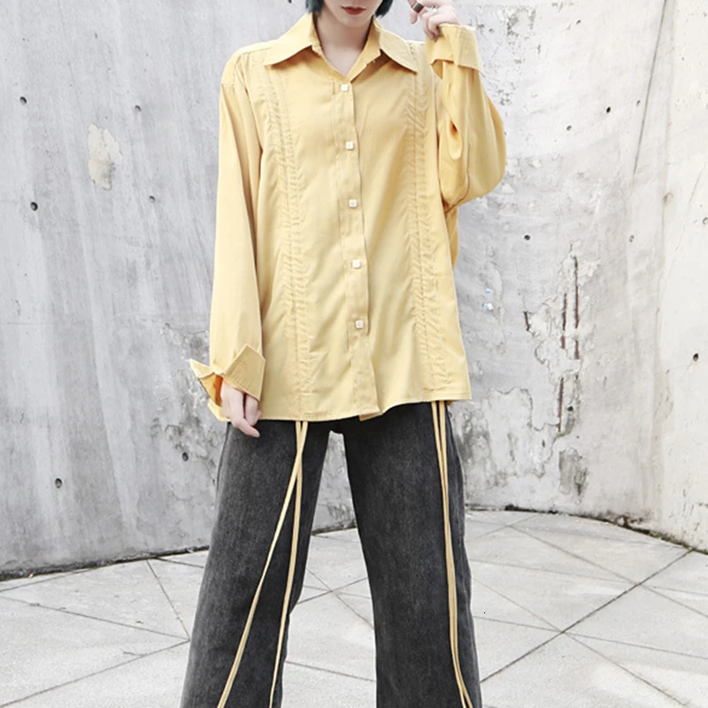 Yellow VGH белый шнурок Ruched Для женщин рубашка с отворотным воротником с длинным рукавом безразмерная Повседневное корейский женский ; сезон осень; модная новинка - Цвет: Yellow