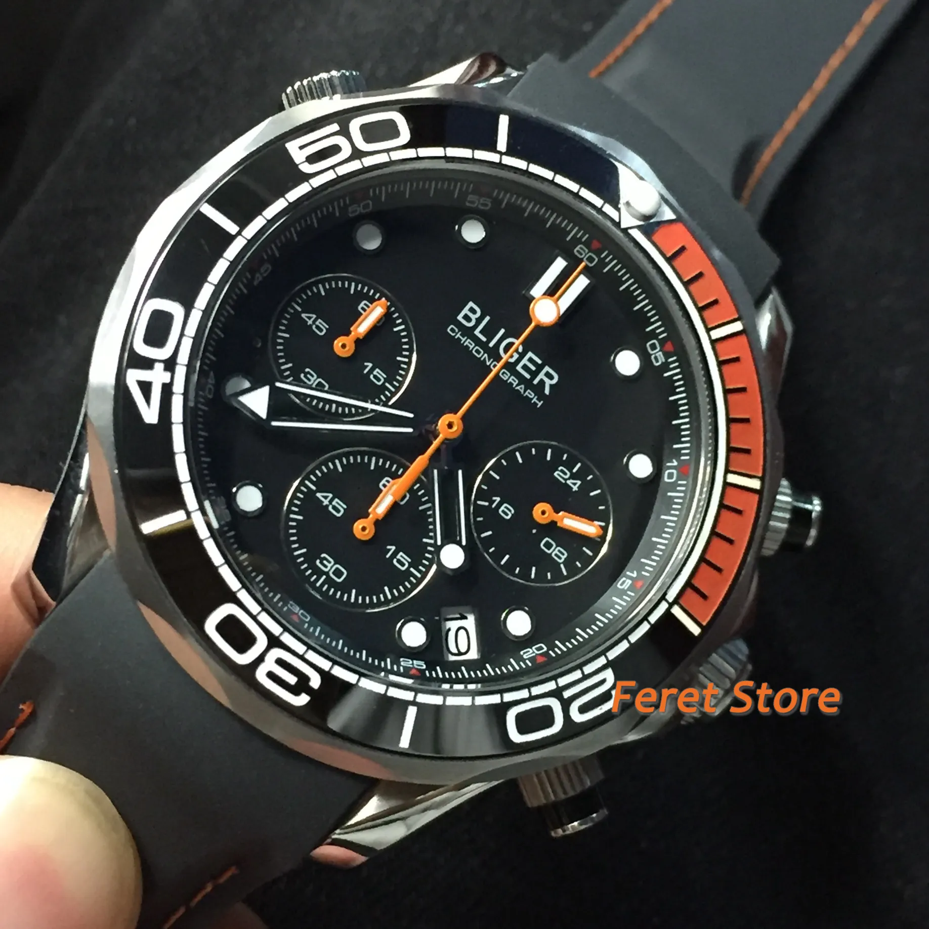 Мужские часы с керамическим циферблатом Bliger черный чехол резиновым ремешком и