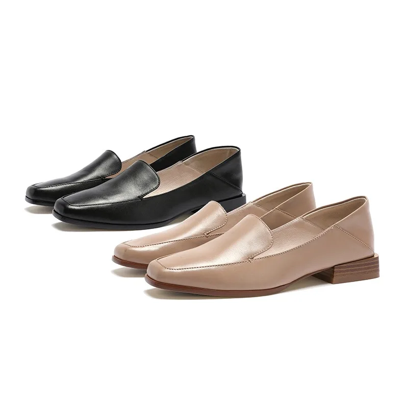 

2020 Free Shipping Handmade Women's Genuine Leather Loafers Retro British style square head thick heel Pointed Toe Slip On 27170