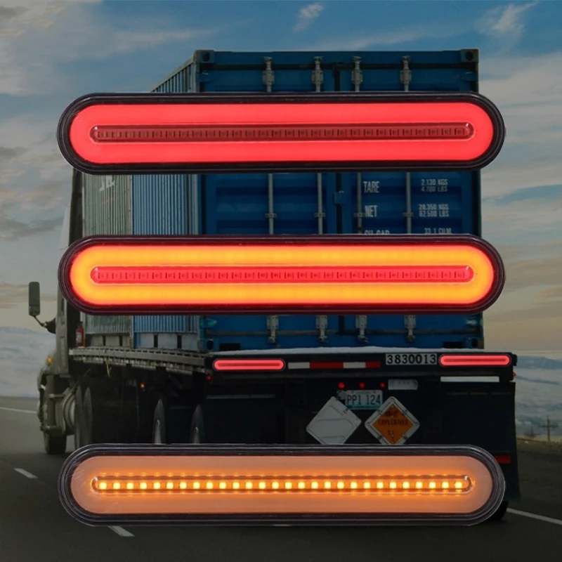 

2PCS LED Rear Lights For Trailer Truck Tail Brake Stop Turn Signal Light Waterproof 3 in1 Neon Halo Ring Sequential Flowing Lamp