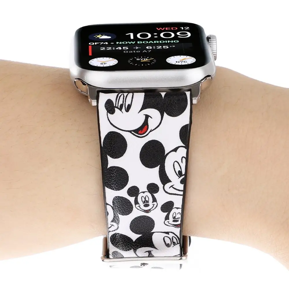 Ремешок из натуральной кожи для Apple Watch 5 band 4 44 мм 40 мм браслет с принтом Микки Мауса Для iwatch Series 3 2 1 38 мм 42 мм