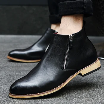 

Fashion Men Ankle Boots Casual Men genuine Leather zipper Snow Boots Winter Shoes Men shoes Boots Black Warm Boots