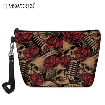

ELVISWORDS Rose Skull Print Women Makeup Bag 2020 Fashion PU Leather Small Handbag for Lady Cosmetic Bags Sugar Skull Pouch Case