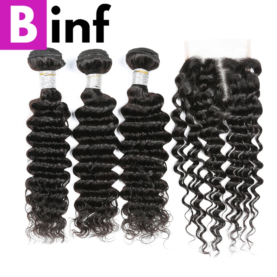 BINF волосы индийские не Реми волосы глубокая волна 3 пучка с закрытием натуральный черный цвет человеческие волосы переплетения пучки