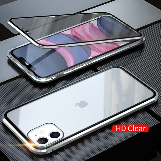 Защищающий от подсматривания магнитной адсорбции чехол для iphone 11 Pro Max Магнит двухсторонняя, для стекла чехол для iphone 11 обложки iphone 11 корпус под плетенную сумку - Цвет: Silver HD Clear