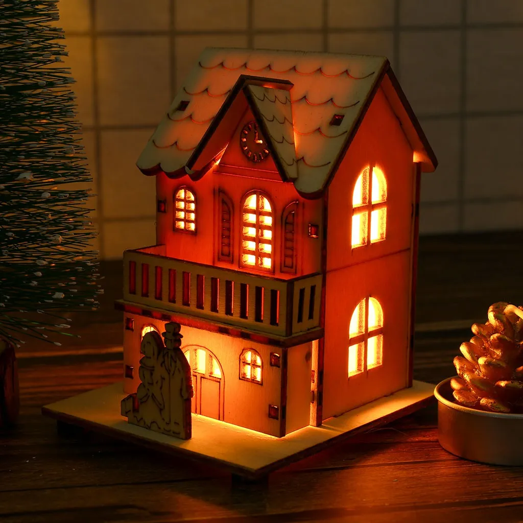 Маленький деревянный светодиодный домик освещенный каюта для вечерние свадебные украшения Рождественская игрушка