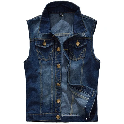 Dark Blue Джинсовый жилет, мужская куртка, без рукавов, повседневный жилет, Мужская джинсовая куртка, рваные, приталенная, мужская куртка, ковбой, SA328 - Цвет: Dark Blue